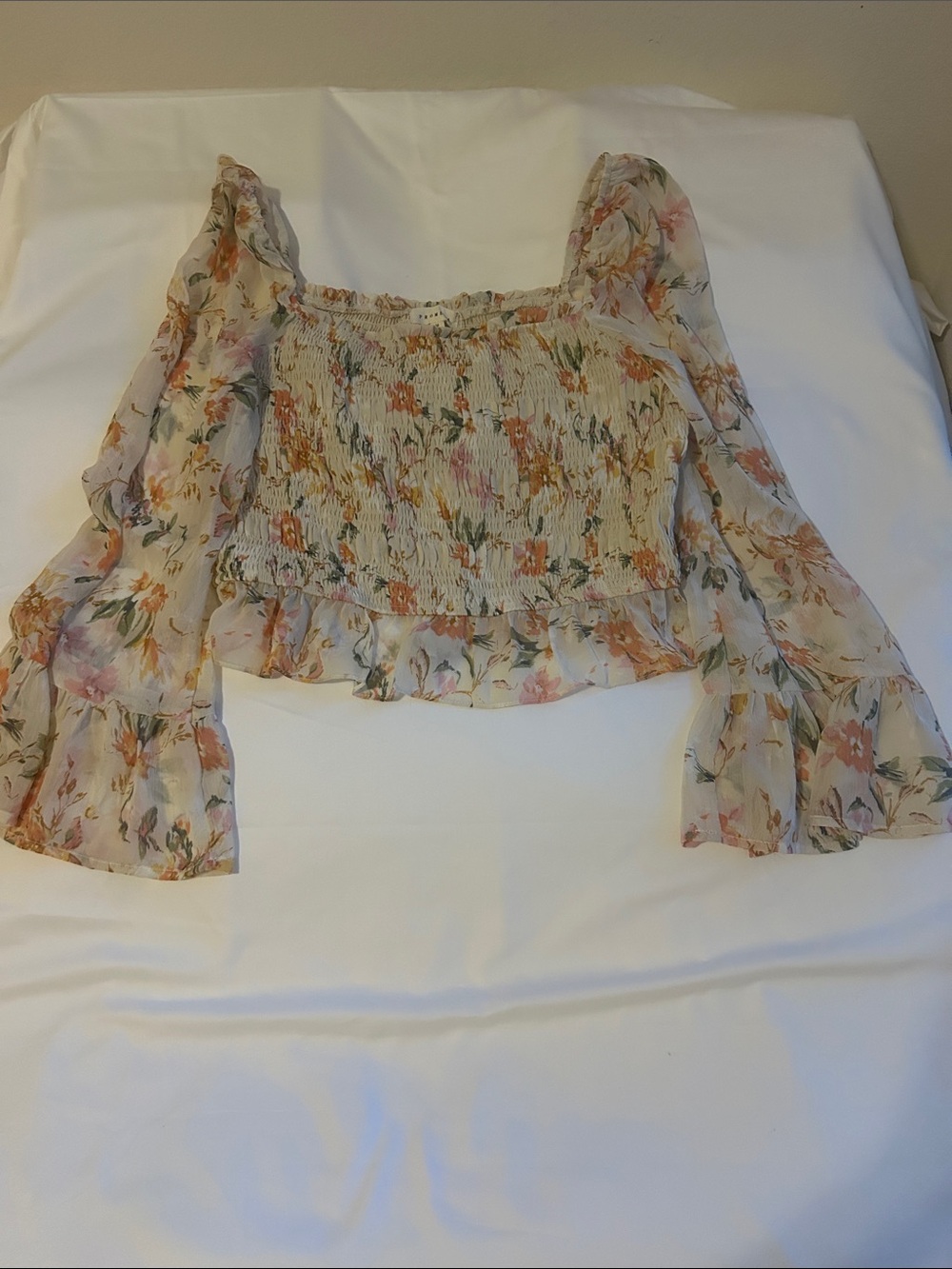 Promesa Sheer Floral Smocked Square-Neck Blouse - Cream, Pink, Orange